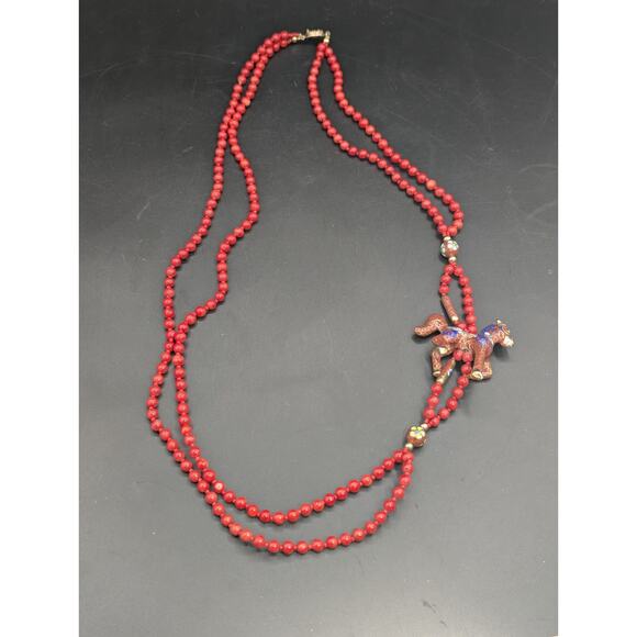 Vintage Rare Two Strands Red Jasper Cloisonné Horse Equestrian Silver Necklace